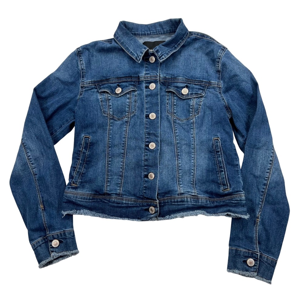 Nine West Jeans Denim Trucker Jacket Womens S Blue Frayed Raw Hem Stretch‎